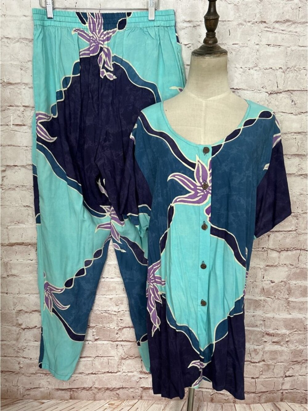 Bali Batiks Resortwear Floral Short Sleeve 2 pc Set Tunic Pant Turquoise Navy XL